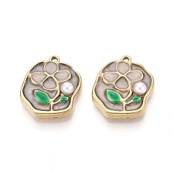 Гейнсборо 304 подвески из нержавеющей стали и эмалированного АБС-пластика с имитацией жемчуга, самородки с цветочными подвесками, ионное покрытие (ip), реальный 18 k позолоченный, светло-серые, 18x15x4.8 мм, отверстие : 1.2 мм