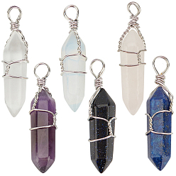 Mixed Stone Faceted Bullet Gemstone Pointed Pendants, Wire Wrapped Pendants, with Platinum Plated Brass Wire, 38~42x8~9mm, Hole: 3~6mm, 6 materals, 1pc/materal, 6pcs/box