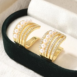 Настоящее золото 18K Серьги-каффы из латуни с микропаве из кубического циркония, с ABS имитации жемчуга, долговечный, без свинца и без кадмия, реальный 18 k позолоченный, 18x17.5x12.5 мм