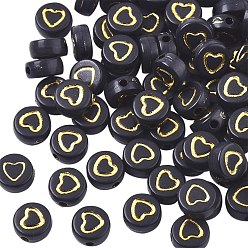 Black Opaque Acrylic Beads, Flat Round with Heart, Golden Plated, Black, 7x3~4mm, Hole: 1.5mm, about 1850pcs/250g
