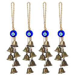 Antique Bronze 4Pcs Iron Bell with Handmade Lampwork Flat Round Evil Eye Pendant Decorations, with Jute Cord, Antique Bronze, 355mm