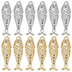 Platinum & Golden 12Pcs 2 Colors Brass Micro Pave Cubic Zirconia Pendants, Fish Charms, Platinum & Golden, 20.5x6x4.5mm, Hole: 0.9mm, 6pcs/color