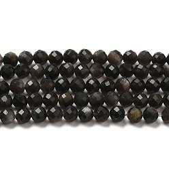 Obsidian Natural Silver Sheen Obsidian Beads Strands, Round, Faceted, 4mm, Hole: 0.7mm, about 92pcs/strand, 15.43''(39.2cm)