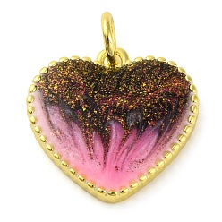 Pink Латунь эмаль подвески, без кадмия и без свинца, с блестками и кольцом для прыжков, долговечный, реальный 18 k позолоченный, сердце прелести, розовые, 15x15x3 мм, отверстие : 3.5 мм
