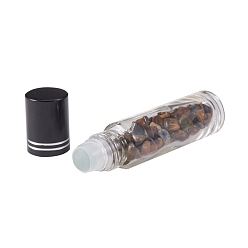 Tiger Eye Glass Roller Ball Bottles, Essential Oil Refillable Bottle, with Tiger Eye Chip Beads, for Personal Care, 85x20mm, Beads: 3x11~3x7mm, Capacity: 10ml