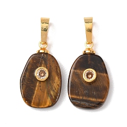 Тигровый глаз Природных тигровый глаз подвески, Овальные подвески с латунной микрофиброй и отделкой из кубических цирконий, золотые, 20x12x5 мм, отверстие : 7x4 мм