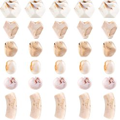 Floral White 90Pcs 6 Style Acrylic Beads, Imitation Gemstone Style, Oval & Heart & Nuggets & Tube & Flat Round & Polygon, Floral White, 15pcs/style