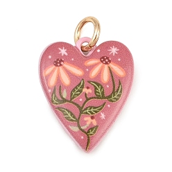 Pink Pendentifs en laiton peint, coeur avec breloques fleurs, or, rose, 19.5x16x4mm, Trou: 4mm