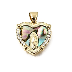 Colorful Brass Micro Pave Clear Cubic Zirconia Pendants, with Shell, Heart with Virgin Mary Charms, Real 16K Gold Plated, Colorful, 16.5x16.5x3mm, Hole: 4.5x3.5mm