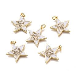 Белый Латунные микропаве прозрачные подвески с фианитом, с эмалью и кольцами для прыжков, звезды с словом, реальный 18 k позолоченный, белые, 20x19x2 мм, отверстие : 3 мм