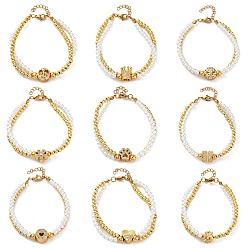 Mixed Shapes Латунь многожильных браслеты, браслеты со стразами для женщин, ионное покрытие (ip), реальный 18 k позолоченный, с пластиковой жемчужиной и 304 карабином из нержавеющей стали, разнообразные, 7 дюйм(17.8см)+34удлинитель мм