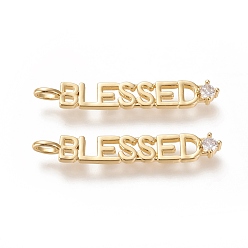 Настоящее золото 18K Латунные микропаве прозрачные подвески с фианитом, долговечный, благословенное слово, реальный 18 k позолоченный, 42.5x6.6x3.3 мм, отверстие : 4.5x2.6 мм