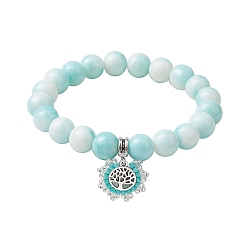 Бледно-бирюзовый 10.5круглые эластичные браслеты из непрозрачного стекла с кракле и бисером диаметром 7 мм., браслеты с подвесками «Древо жизни» из сплава, бледные бирюзовая, внутренний диаметр: 2-1/8 дюйм (5.4 см)