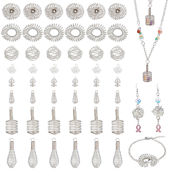 Platinum 40Pcs 5 Style Hollow Iron & 24Pcs 3 Style Alloy Wire Bead Cage Pendants, Spiral Bead Cage, Teardrop Charms & Spiral & Ring & Round, Platinum, 14~37x9.5~12mm, Hole: 2~11mm, 8pcs/style