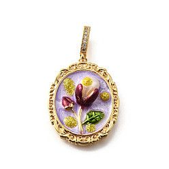 Лиловый Латунные подвески с микропаве из кубического циркония и эмали, овал с цветочными подвесками, с блестящей пудрой и натуральным пресноводным жемчугом, без никеля , реальный 18 k позолоченный, сирень, 30x24x9 мм, отверстие : 6.5x4.5 мм