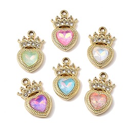 Golden UV Plating Alloy Glass Pendants, Heart with Crown Charm, with Rhinestone, Faceted, Mixed Color, Golden, 23.5x13.5x4.5mm, Hole: 1.8mm