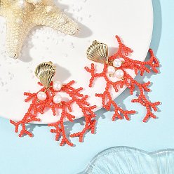 Red Glass Seed Beaded Stud Earrings for Women, Coral, with Natural Cultured Freshwater Pearl, Brass Stud Earrings for Women, Golden, Red, 69x18mm