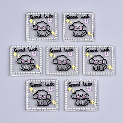 Black Transparent Acrylic Pendants, 3D Printed, Square with Dog Pattern & Word Good Luck, Black, 31.5x31x2.5mm, Hole: 1.5mm