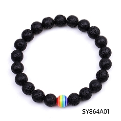 Lava Rock Natural Lava Rock & Glass Round Beaded Stretch Bracelet, 7-1/4~7-1/2 inch(18.5~19cm)