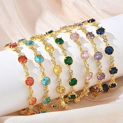 Настоящее золото 18K Браслеты из латуни с микропаве из кубического циркония для женщин, плоско-круглые, со стеклом, без кадмия и без свинца, долговечный, стойки покрытие, реальный 18 k позолоченный, 7.09 дюйм (18 см)