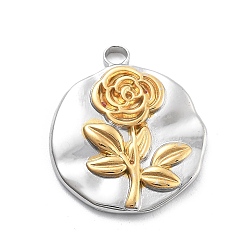 Позолоченный и Цвет Нержавейки 304 подвески из нержавеющей стали, плоский круглый с подвеской в виде розы, вакуумное покрытие pvd, настоящее золото и нержавеющая сталь, 21x18x2.5 мм, отверстие : 2.5 мм