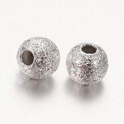 Silver Brass Textured Beads, Nickel Free, Round, Silver Color Plated, 4mm, Hole:1mm