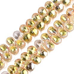 Light Khaki Electroplate Baking Paint Transparent Glass Beads Strands, Top Drilled Beads, Teardrop, Light Khaki, 13.5x9.5x9.5mm, Hole: 1~1.2mm, about 119~122pcs/strand, 21.46~23.43 inch(54.5~59.5cm)