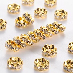 Clear Middle East Rhinestone Spacer Beads, Clear, Brass, Golden Metal Color, Nickel Free, Size: about 6mm in diameter, 3mm thick, hole: 1mm