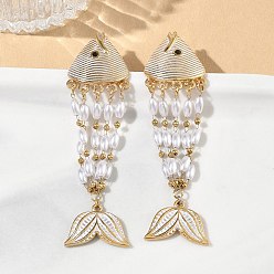 Golden 304 Stainless Steel Enamel Stud Earrings for Women, Fish, Plastic Beads Dangle Earrings, Golden, 81x22.5mm