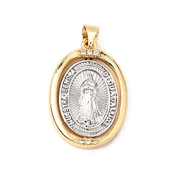 Platinum & Golden Brass Micro Pave Clear Cubic Zirconia Pendants, Oval with Virgin Mary Charms, Platinum & Golden, 25x17x2mm, Hole: 3.5X5mm