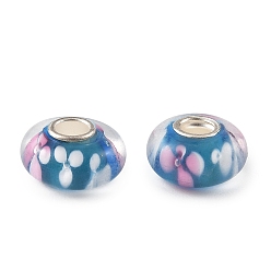 Cadet Blue Lampwork & Brass Core European Beads, Large Hole Beads, Rondelle with Flower, Cadet Blue, 15x7.5mm, Hole: 4mm