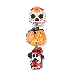 Skull Halloween Printed Acrylic Big Pendants, with Iron Ring, Platinum, Skull Charms, 67x20x2mm, Hole: 2mm