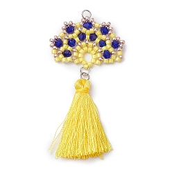 Желтый Большие подвески из стекла ручной работы в виде веера из семян, с соединительным кольцом и полиэстеровой кисточкой, желтые, 62x29.5x3.5 мм, отверстие : 3 мм