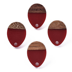 Dark Red Opaque Resin & Walnut Wood Stud Earring Findings, with 304 Stainless Steel Pin, Teardrop, Dark Red, 17x13mm, Hole: 1.8mm, Pin: 0.7mm