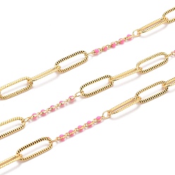 Hot Pink Golden Plated Handmade Enamel Beaded Chains, Brass Paperclip Chains, Long-Lasting Plated, Soldered, with Spool, Hot Pink, Link: 15x5x0.7mm and 5x1.7x2mm, about 32.8 Feet(10m)/roll