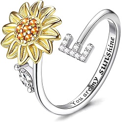 Letter E Регулируемые вращающиеся манжеты из латуни со стразами, письмо и подсолнух, Словом ты мое солнышко, Кольцо-спиннер для успокоения беспокойства, медитации, платина и светлое золото, Письмо E, внутренний диаметр: 15~20 мм