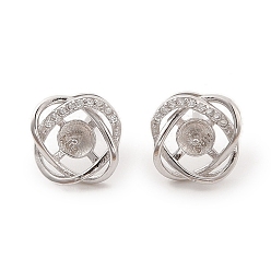 Платинированный 925 Серьги из стерлингового серебра с микропаве и фианитами, за половину пробурено бисера, цветок, Реальная платина, 10.5x10.5 мм, штифты : 0.8 мм