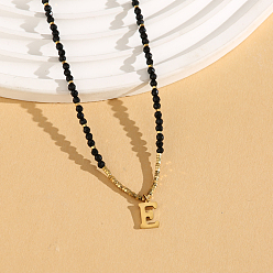 Letter E Женское ожерелье с подвеской из натуральной черной шпинели в форме круглой граненой буквы «Инициал» из нержавеющей стали, золотые, Письмо E, 14.96 дюйм (38 см)