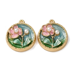 Плоский Круглый Подвески из эмалевого сплава легкого золота, , с ABS имитации жемчуга, стойки покрытие, плоско-круглые, 25x22x8 мм, отверстие : 1.8 мм