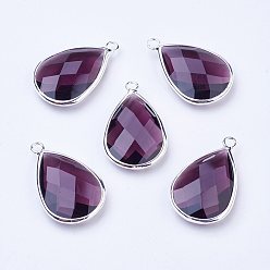 Purple Silver Color Plated Brass Glass Teardrop Pendants, Faceted, Purple, 18x10x5mm, Hole: 2mm