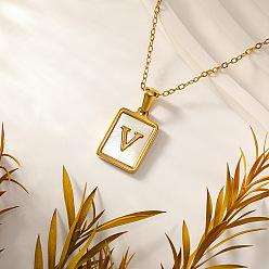 Letter V Прямоугольник 304 ожерелья с инициалами из нержавеющей стали с натуральным белым ракушечником для женщин, реальный 18 k позолоченный, Буква V, 15.75 дюйм (40 см)