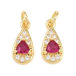 Chapado en Oro Real 18K Micro pavé de latón encantos de circonita cúbica rojo violeta medio, encantos de lágrima, sin plomo y cadmio, chapado en rack, larga duración plateado, real 18 k chapado en oro, 13x6x3.5 mm, agujero: 3 mm