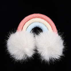 White Polycotton(Polyester Cotton) Woven Rainbow Wall Hanging, Macrame Woven Rainbow with Pompom, White, 49~54x51~55x13~15mm