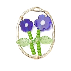 Синий Подвески из стеклянного бисера и стекла миллефиори ручной работы, овальные с цветком, со сплавом, синие, 30x21.5x3 мм, отверстие : 1 мм