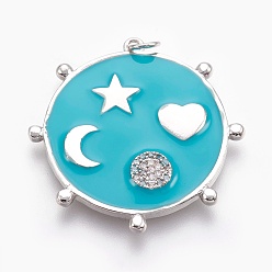 Real Platinum Plated Brass Micro Pave Cubic Zirconia Pendants, with Enamel, Long-Lasting Plated, Flat Round, Lead Free & Nickel Free & Cadmium Free, Turquoise, Real Platinum Plated, 32.5x32x3mm, Hole: 2.5mm