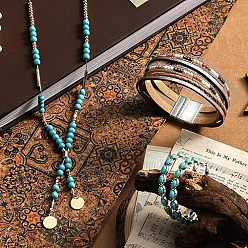 Платиновый & Золотой Комплект из ожерелья и серег-гвоздиков из сплава и синтетической бирюзы с круглыми бусинами, платиной и золотом, 800 мм