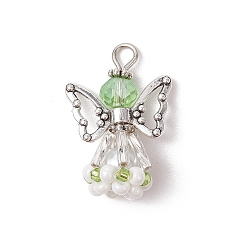 Бледно-Зеленый Граненые подвески стекла, ангельское очарование, с крылом из античного серебряного сплава и платиновой железной петлей, стеклянными бусинами и стеклянными жемчужными бусинами, бледно-зеленый, 26x18x11 мм, отверстие : 2 мм
