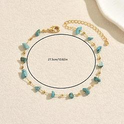 Turquoise Beach Natural Turquoise Chip Beads Brass Anklets for Women, Golden, Turquoise, 10-7/8 inch(275mm)