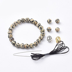 Dalmatiner Jaspis Stretch-Armbänder, mit natürlichen dalmatinischen Jaspis Perlen, Buddha-Kopf-Legierungsperlen und elastischer Faserdraht, 2 Zoll (5 cm)