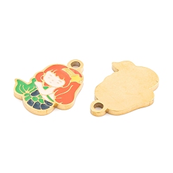 Coral Ion Plating(IP) 304 Stainless Steel Pendants, with Enamel, Real 18K Gold Plated, Mermaid Charm, Coral, 16.5x12.5x1.5mm, Hole: 1.5mm